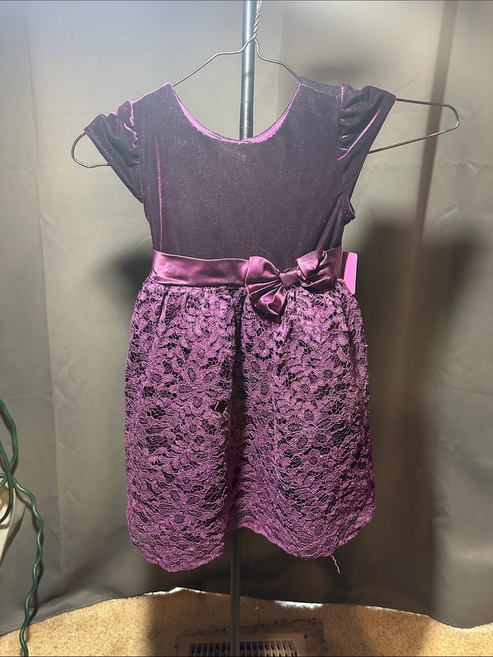 Jona Michelle Plum Velvet & Lace Dress with Satin Bow